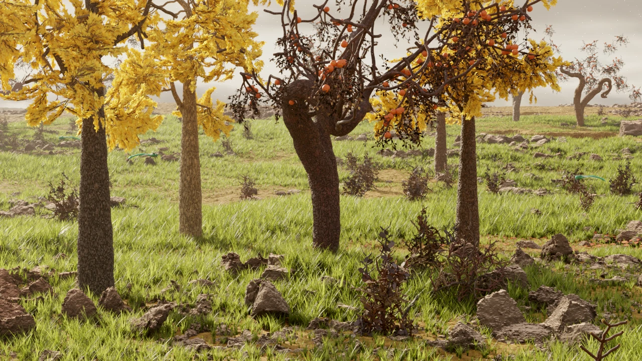 A procedurally generated orchard with fruit trees, grass, and rocks